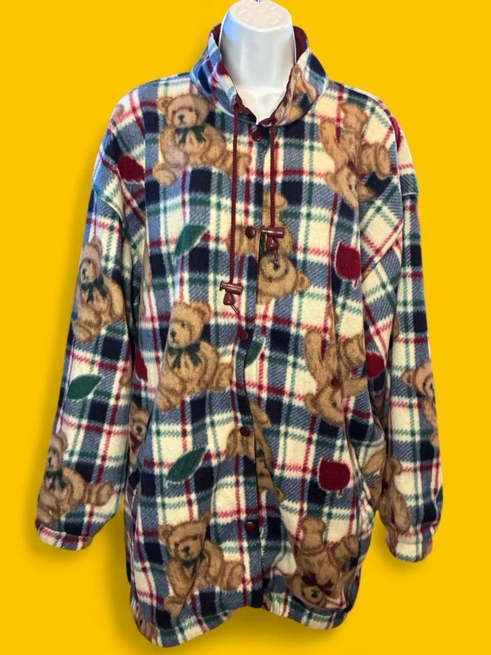 Vintage 90s teddy bear plaid fleece jacket.